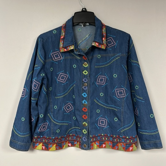 Vintage 80s 90s Norm Thompson Funky Embroidered Denim Jacket 1X EUC!